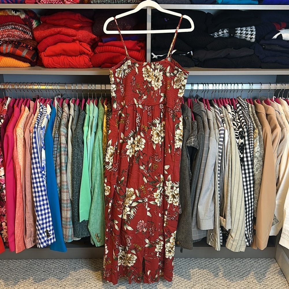 Xhilaration maroon/cream floral adjustable strap padded bust smocked jumpsuit L - Picture 3 of 3